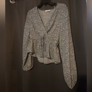 Blue floral long sleeve, paper crane, size small